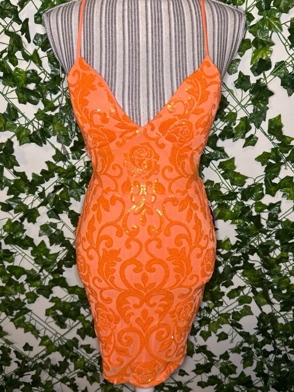 Windsor Orange Sequin Embroidered Bodycon Mini Dress
